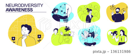 Neurodiversity awareness concept set for web design. Collection with people having neurology diversity, autism and adhd, sensitivity, representing unique mental differences. Vector illustration. Neurodiversity awareness concept set for web design. Collection with people having neurology diversity, autism and adhd, sensitivity, representing unique mental differences. Vector illustration. 136131986