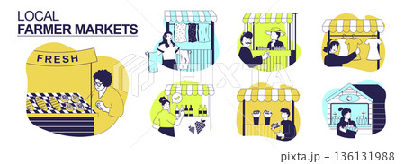Local farmer markets concept set for web design. Collection with people work bakery kiosk, selling fabric textile, eggs, wine and fruits, trading clothing or flowers in shops. Vector illustration. Local farmer markets concept set for web design. Collection with people work bakery kiosk, selling fabric textile, eggs, wine and fruits, trading clothing or flowers in shops. Vector illustration. 136131988