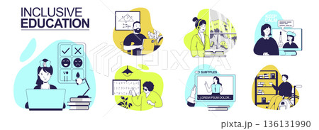 Inclusive education concept set for web design. Collection with people in wheelchair learning learning online, blind person reads braille, deaf person watch lesson with subtitles. Vector illustration. 136131990