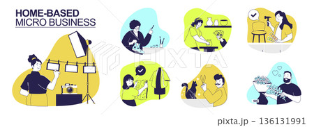 Home-based micro business concept set for web design. Collection with people work in studio as photographer, shoemaker, potter, furniture repair, tailor, florist and pet grooming. Vector illustration. Home-based micro business concept set for web design. Collection with people work in studio as photographer, shoemaker, potter, furniture repair, tailor, florist and pet grooming. Vector illustration. 136131991