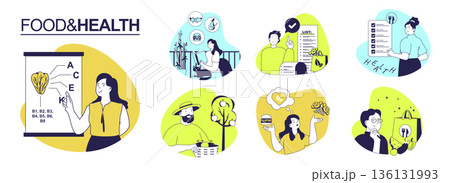 Food and Health concept set for web design. Collection with people plan healthy diet, dietitian research nutrients, shopping in grocery with lists, choosing vegetables and fruits. Vector illustration. 136131993