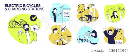 Electric bicycles and charging stations concept set for web design. Collection with people using eco bikes, charging battery, tracking routes on map in urban transportation. Vector illustration. 136131994