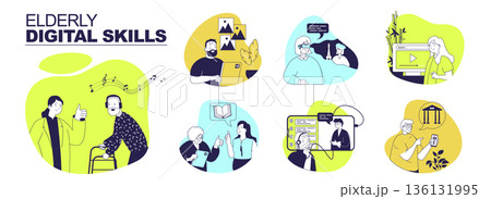 Elderly digital skills concept set for web design. Collection with people help grandparents in listen music, take photos, online learning, virtual reality, video calling, more. Vector illustration. 136131995