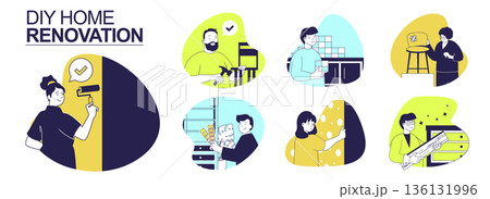 DIY home renovation concept set for web design. Collection with people painting walls, assembling or repairing furniture, choosing colours for wallpapers, constructing and fixing. Vector illustration. 136131996