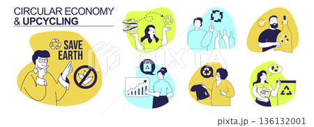 Circular economy and upcycling concept set for web design. Collection with people save Earth awareness, reusing clothes and crafting, sorting and recycling waste, reduce garbage. Vector illustration. Circular economy and upcycling concept set for web design. Collection with people save Earth awareness, reusing clothes and crafting, sorting and recycling waste, reduce garbage. Vector illustration. 136132001