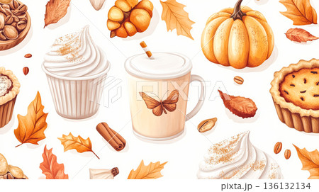 White background with a pattern of food items including a cupcake, a pastry 136132134
