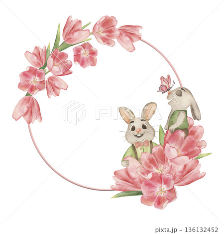 Watercolor Easter bunny wreath with pink tulips for kids. Hand-drawn botanical frame for greeting cards, invitations. Cute baby rabbits illustration, festive spring floral art, garden animal border 136132452