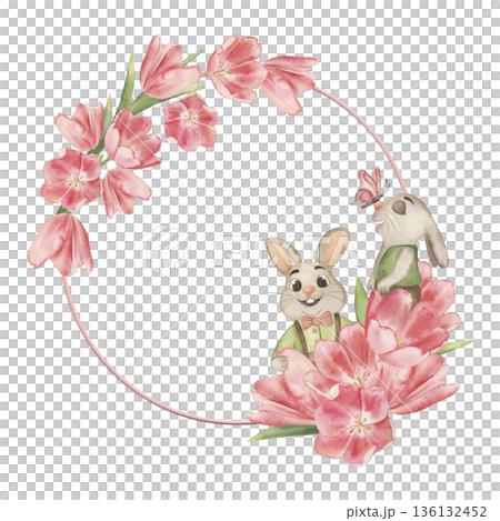 Watercolor Easter bunny wreath with pink tulips for kids. Hand-drawn botanical frame for greeting cards, invitations. Cute baby rabbits illustration, festive spring floral art, garden animal border Watercolor Easter bunny wreath with pink tulips for kids. Hand-drawn botanical frame for greeting cards, invitations. Cute baby rabbits illustration, festive spring floral art, garden animal border 136132452