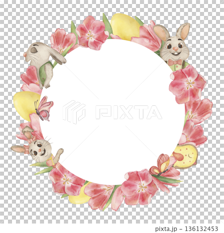 Watercolor Easter bunny wreath with spring tulips, eggs, butterflies. Hand-drawn botanical frame for greeting cards, invitations. Cute garden rabbits illustration, festive seasonal floral art 136132453