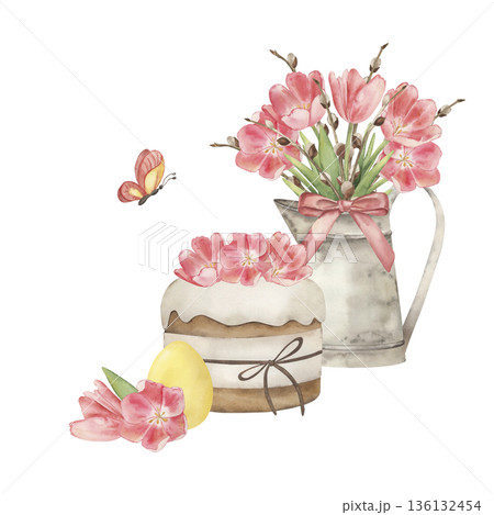 Watercolor Easter food composition with cake, tulips, willow in pitcher. Hand-drawn botanical illustration for greeting cards, posters. Cute spring floral clip art, festive holiday home decor Watercolor Easter food composition with cake, tulips, willow in pitcher. Hand-drawn botanical illustration for greeting cards, posters. Cute spring floral clip art, festive holiday home decor 136132454