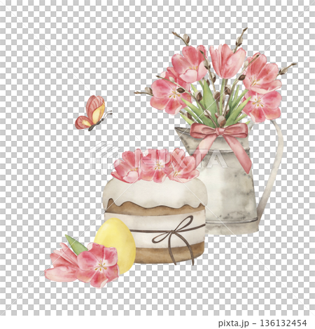 Watercolor Easter food composition with cake, tulips, willow in pitcher. Hand-drawn botanical illustration for greeting cards, posters. Cute spring floral clip art, festive holiday home decor Watercolor Easter food composition with cake, tulips, willow in pitcher. Hand-drawn botanical illustration for greeting cards, posters. Cute spring floral clip art, festive holiday home decor 136132454