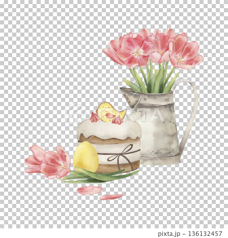 Watercolor Easter food composition with cake, pink tulips in pitcher, egg. Hand-drawn botanical illustration for greeting cards, posters. Cute spring floral clip art, festive holiday home decor Watercolor Easter food composition with cake, pink tulips in pitcher, egg. Hand-drawn botanical illustration for greeting cards, posters. Cute spring floral clip art, festive holiday home decor 136132457