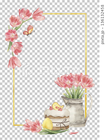 Watercolor Easter card template with cake, tulips in pitcher, egg. Hand-drawn botanical gold frame for invitations, posters. Cute festive food illustration, spring floral art, holiday home decor 136132458