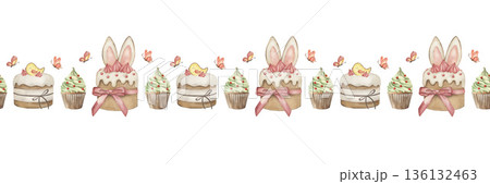 Watercolor Easter seamless border with cake, cupcake, butterfly. Hand-drawn botanical illustration for ribbon, tape, frame. Sweet spring food fringe, holiday bakery art, decorative stripe 136132463