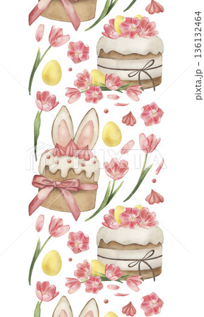 Watercolor Easter seamless vertical border with cake, tulip, egg. Hand-drawn botanical illustration for ribbon, tape, wall. Sweet spring food fringe, holiday bakery art, decorative floral stripe Watercolor Easter seamless vertical border with cake, tulip, egg. Hand-drawn botanical illustration for ribbon, tape, wall. Sweet spring food fringe, holiday bakery art, decorative floral stripe 136132464