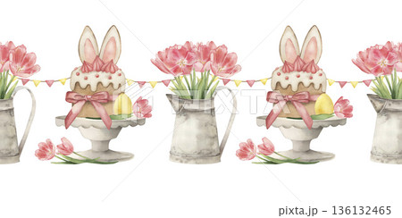 Watercolor Easter card template with cute bunny, pink tulips. Hand-drawn botanical wreath for kids, invitations. Baby rabbit illustration, festive spring floral frame, garden butterfly art Watercolor Easter card template with cute bunny, pink tulips. Hand-drawn botanical wreath for kids, invitations. Baby rabbit illustration, festive spring floral frame, garden butterfly art 136132465