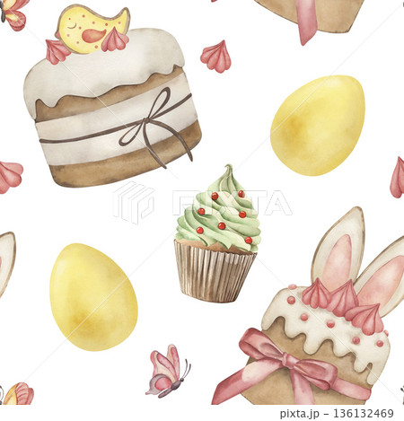 Watercolor Easter seamless pattern with cake, egg, cupcake, butterfly. Hand-drawn botanical illustration for textile, wallpaper, wrapping paper. Sweet spring food background, festive holiday art 136132469