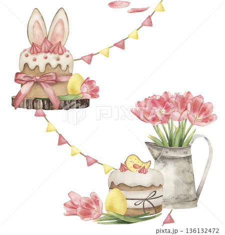 Watercolor Easter seamless pattern with cake, tulip, bunting, egg. Hand-drawn botanical illustration for textile, wallpaper, wrapping paper. Sweet spring food background, festive holiday art 136132472