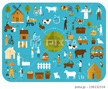 かわいい手描きの街並みセット 136132534