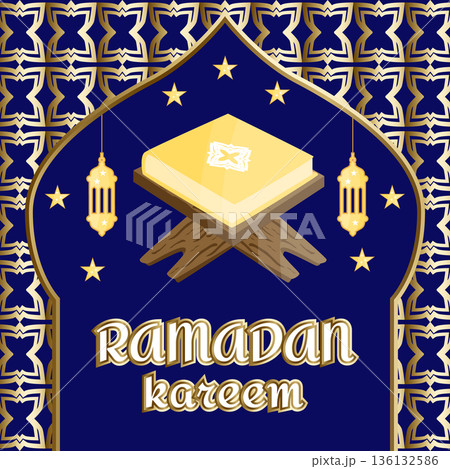 Ramadan Kareem greeting card with golden Quran, lanterns, stars, Islamic pattern and mosque, premium religious banner Ramadan Kareem greeting card with golden Quran, lanterns, stars, Islamic pattern and mosque, premium religious banner 136132586