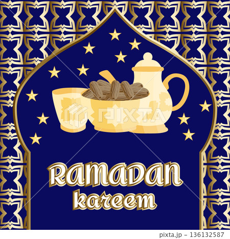 Ramadan Kareem greeting card with golden dates plate, traditional jug, stars, Islamic pattern and mosque, elegant festive banner Ramadan Kareem greeting card with golden dates plate, traditional jug, stars, Islamic pattern and mosque, elegant festive banner 136132587