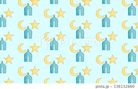Ramadan Kareem Seamless Pattern with Mosque, Star and Crescent Moon 136132660
