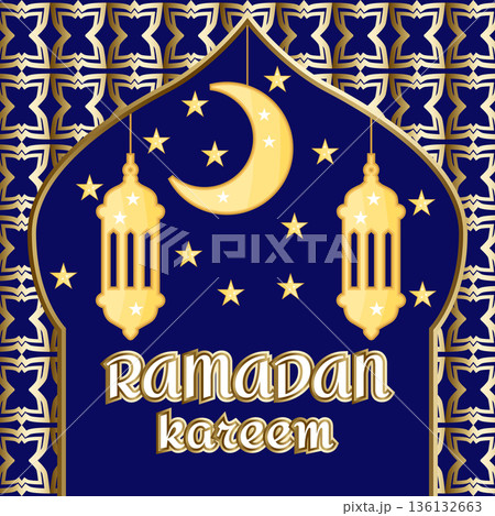 Ramadan Kareem greeting card with golden lanterns, crescent moon, stars, Islamic pattern and mosque, festive banner Ramadan Kareem greeting card with golden lanterns, crescent moon, stars, Islamic pattern and mosque, festive banner 136132663