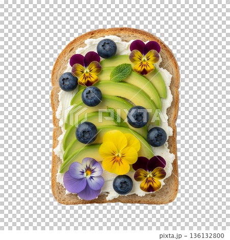 Artfully arranged gourmet avocado toast topped with fresh blueberries and vibrant edible pansy flowers on a rustic slice of bread Artfully arranged gourmet avocado toast topped with fresh blueberries and vibrant edible pansy flowers on a rustic slice of bread 136132800