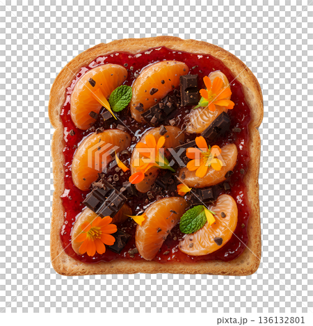 Decadent sweet toast topped with fresh orange segments, dark chocolate chunks, and a dollop of red berry jam for a luxurious dessert or brunch 136132801