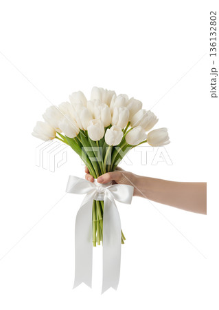 Hand gracefully holding a fresh bouquet of elegant white tulips tied with a simple white satin ribbon, symbolizing purity, spring, and simple beauty 136132802