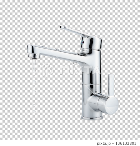 Clean, modern chrome or stainless steel kitchen faucet with a single water droplet about to fall, isolated for home improvement or plumbing ads 136132803