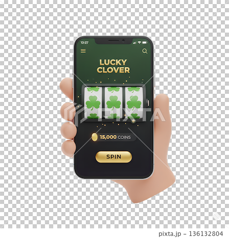 3d hand holds a smartphone displaying a vibrant "lucky clover" or slot machine game interface, representing mobile gaming and online casinos 136132804