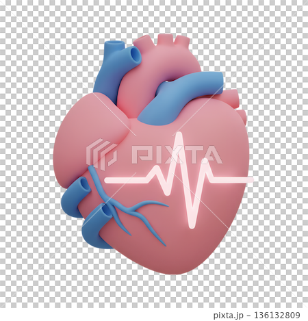 Cute 3d cartoon pink heart with a glowing heartbeat line above it, symbolizing life, health, love, medical care 136132809