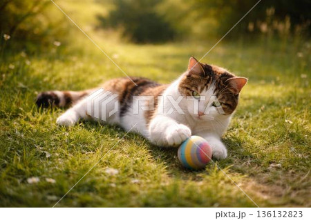 撫でられてうっとりする黒白猫 136132823