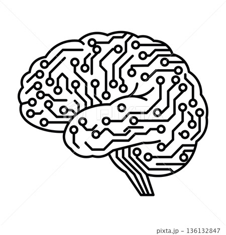 AI Digital Brain with Circuit Board Lines for Machine Learning Concept. Editable Stroke. 136132847