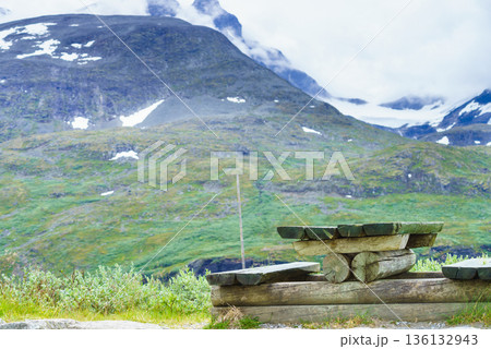 Camp site with picnic table in norwegian mountains Camp site with picnic table in norwegian mountains 136132943