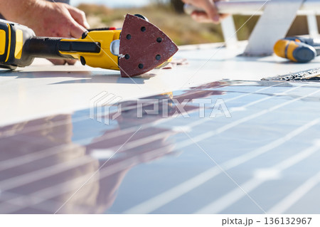 RV solar panel installation. Caravan roof repair RV solar panel installation. Caravan roof repair 136132967