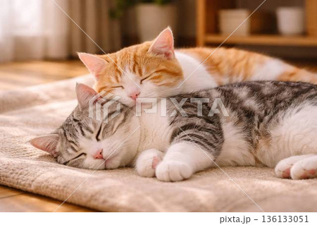 重なって眠る色違いのマンチカン 重なって眠る色違いのマンチカン 136133051