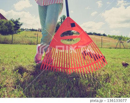 Unusual angle of woman raking leaves 136133077