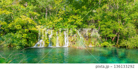 Beautiful waterfalls and lakes at Plitvice national nature park, Croatia. Fresh water stream in peaceful nature. Harmony and meditation, concept of peace and meditation in nature. 136133292