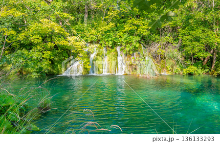 Beautiful waterfalls and lakes at Plitvice national nature park, Croatia. Fresh water stream in peaceful nature. Harmony and meditation, concept of peace and meditation in nature. 136133293