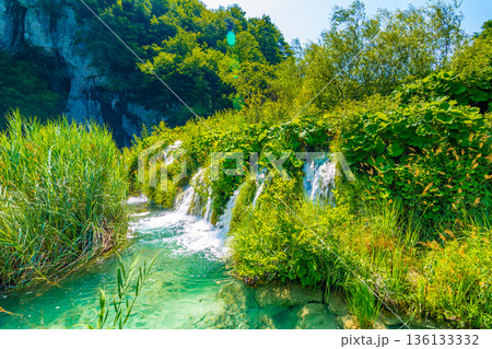 View of waterfall at Plitvice lakes, Croatia. Panoramic view of fresh nature, blue water and green trees. View of waterfall at Plitvice lakes, Croatia. Panoramic view of fresh nature, blue water and green trees. 136133332