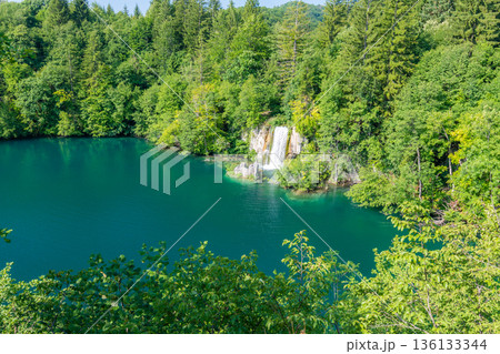 View of waterfall at Plitvice lakes, Croatia. Panoramic view of fresh nature, blue water and green trees. 136133344