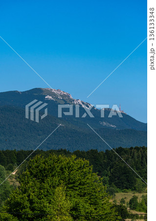 Panoramic view of mountain Gola Pljesevica peak. On the top is built abandoned military radar station and the Croatian communication tower. 136133348