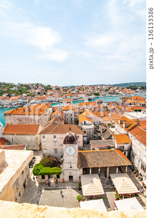Aerial panoramic view of Trogir town, Croatia. Ancient building in old town, view to river and harbor. Aerial panoramic view of Trogir town, Croatia. Ancient building in old town, view to river and harbor. 136133386