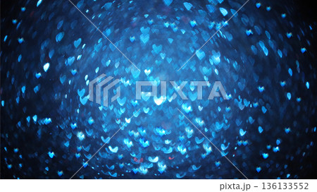 Greeting card for Valentine's Day or Women's Day. Blue hearts on abstract blurred black background with bokeh. Holiday background, overlay template in photo editor for design, 136133552