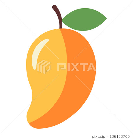 Single Yellow and Orange Mango with Stem and Leaf, Flat Design 136133700