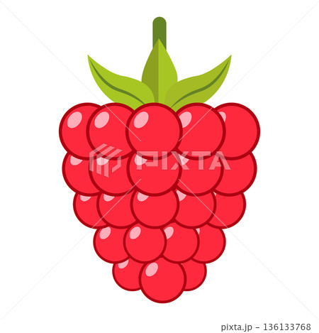 A single ripe red raspberry with green leaves and stem, simple flat illustration, isolated on white. A single ripe red raspberry with green leaves and stem, simple flat illustration, isolated on white. 136133768