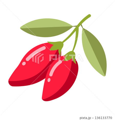Vibrant red goji berries with green leaves on a stem, simple flat illustration style. Vibrant red goji berries with green leaves on a stem, simple flat illustration style. 136133770