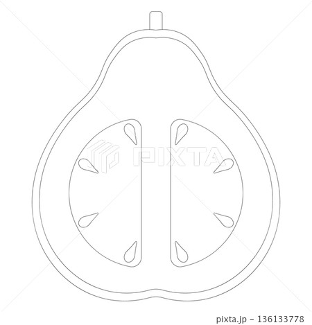 Outline illustration of a halved guava with seeds, isolated on a white background. 136133778